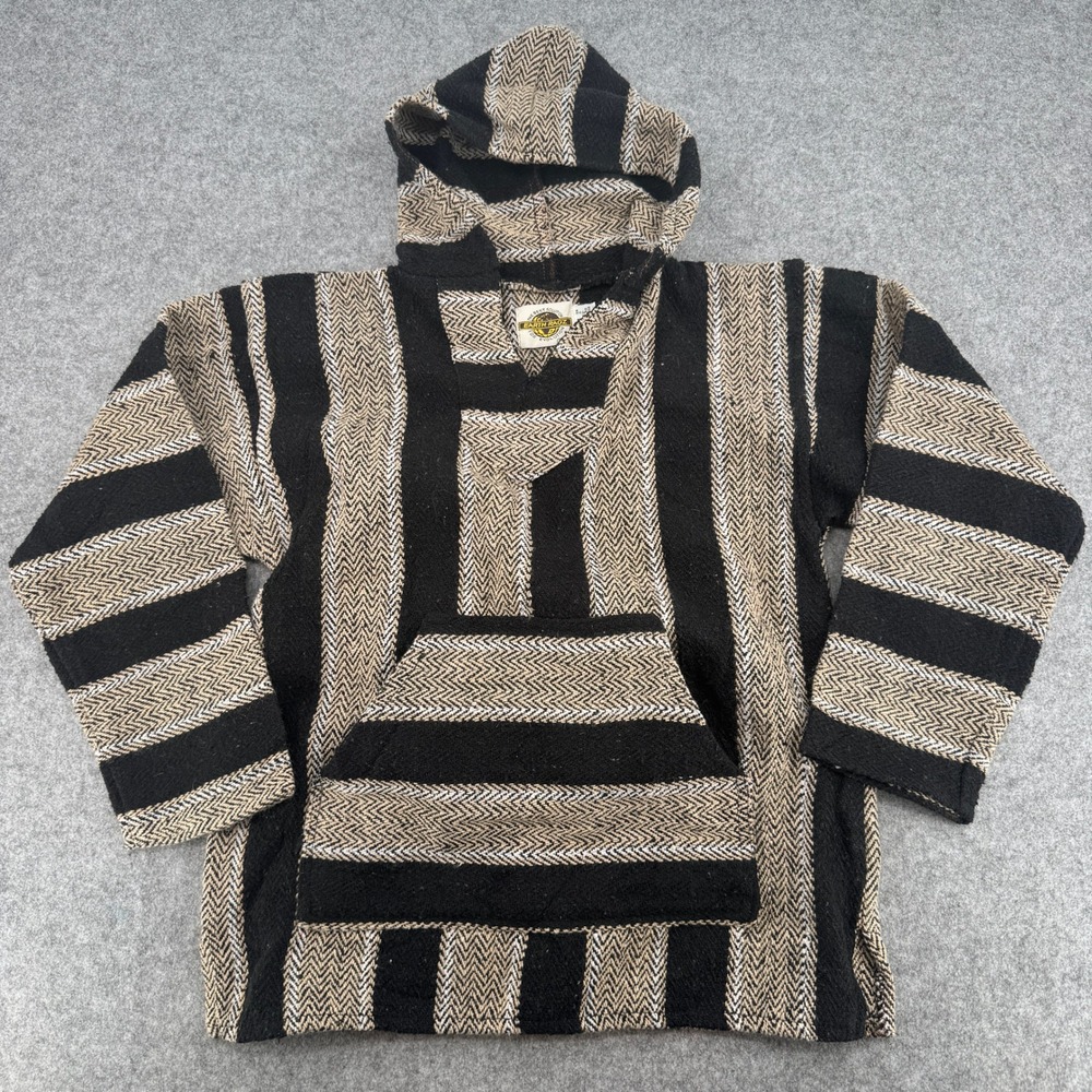 Earth Ragz Baja Hoodie Medium‎ Black Beige Striped Pullover